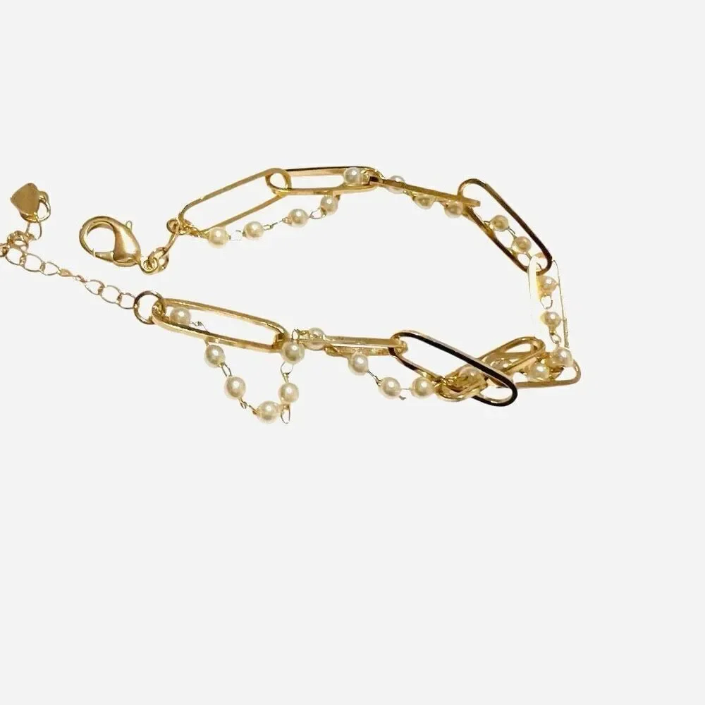 18K Gold filled 2 in 1 “Phoenix” Twist Chunky paper clip dainty pearl bracelet